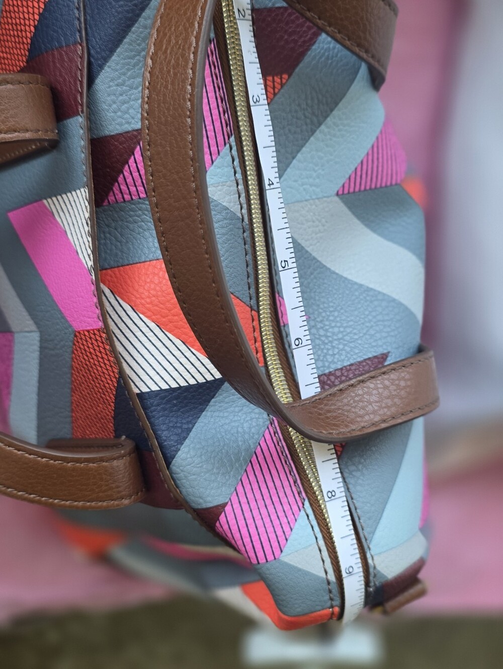 Fossil Brown Tote with Pink, Blue and Cream Geometric Panels - Picture 5 of 16